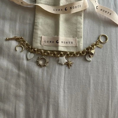 Luna Norte Gold Tone Genuine MOP CZ Icon Charm Bracelet Toggle Clasp NWT - Image 1 of 4