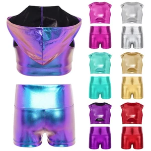 Kids Girls Suit Sports Set Cutout Front Outfit With Shorts Dancewear Crop Top - Picture 1 of 53