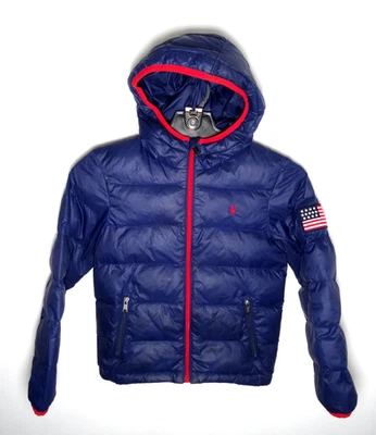 Polo Ralph Lauren Down Puffer Jacket Coat Youth Boys Size 8 Small Hood Navy Blue - Image 1 of 4