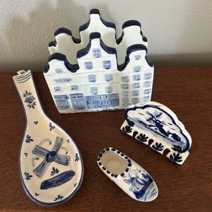 Delft Blue Hand Painted Ceramic Canal Houses Napkin & Spoon Holders Clog Holland - Picture 1 of 17