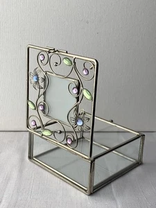 Vtg GLASS Lead JEWELED Gift Ring TRINKET Gift BOX Vanity Jewelry Picture Frame - Picture 1 of 6