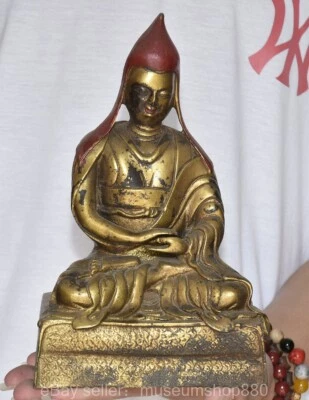 Estatua de Buda Yhe Tsongkhapa Budismo Dorado Cobre Chino Antiguo 9.2" Foto 1 de 4