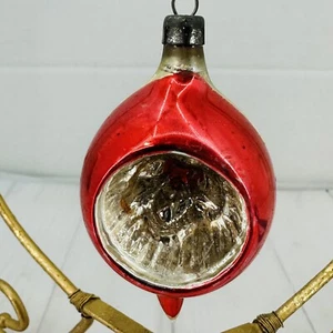 Christmas Tree Ornament Glass Poland Reflector Indent Teardrop Mica Red Gold - Picture 1 of 9