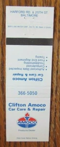 CLIFTON AMOCO GASOLINERA MATCHBOOK CUBIERTA: BALTIMORE, MARYLAND -E1 - Imagen 1 de 1