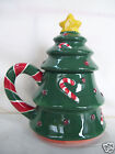 Vintage Nd Hand Painted Candy Cane Green Christmas Tree Shape Teapot Figurine