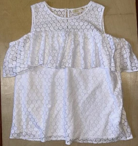 Michael Kors Damen Gr. Medium Baumwolle Weiß Cold Shoulder Rüschen Top Bluse - Bild 1 von 11