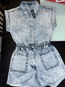 BLANK NYC Stone Washed Cuffed Sleeve & Leg Shorts Denim Romper Pockets Sz S NWT - Picture 1 of 2