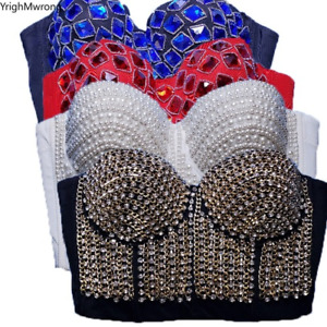 Gothic Beading Pearls Rhinestone Chain Rivet Corset Bralette Bustier Party Sexy