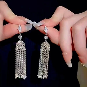 18k White Gold Plated Simulated Diamond Long Tassel Earrings Gorgeous - Picture 1 of 9