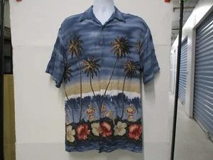 Campia Moda Hawaiian Shirt, S/S, Medium, Blue w/Women, Palms, & Flowers - Picture 1 of 8