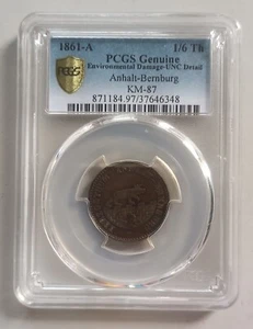 ANHALT-BERNBURG 1/6TH 1861 PCGS ENVIRONMENTAL DAMAGE -UNC DETAIL KM-87. - Picture 1 of 4
