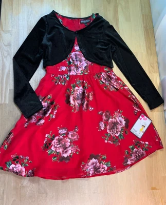 New Girl's Three Pink Hearts Red Floral Dress with Velvet Jacket-Very Pretty!!* - Image 1 of 4