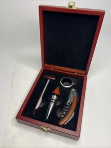 Premium 4 Piece Wine Accessories Kit-Stainless Steel-Wood Case - Picture 1 of 7