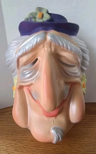 Vintage Molded Plastic Halloween Old Lady Mask Purple Floral Hat Earrings - Picture 1 of 13