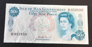 Banknote der Isle of Man. Fünfzig neue Pence. Top Zustand.