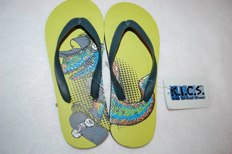 Boys Shoes FLIP FLOPS Sandals LIME GREEN Dinosaur Riding Skateboard 2-3 - Image 1 of 1