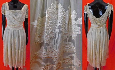 Edwardian White Roses Silk Damask Weave Sequin Beaded Net Evening Gown Dress Vtg - Image 1 of 4