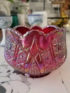 Indiana Glass Round Bowl Carved Carnival Glass Heirloom Red Sunset Amberina - Picture 1 of 5