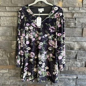 Loveriche Womens Black Floral Velvet Long Sleeve V Neck Baby Doll Mini Dress - Picture 1 of 4