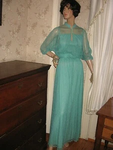 VTG 1970 MINTGREEN EMBROIDERED FLORAL TULLE VICTORIAN STYLE POLYESTER MAXI DRESS - Picture 1 of 6