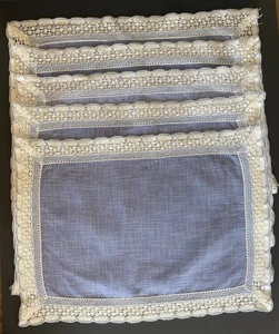 Set 5 Vintage Linen & Cotton Lace Trim Placemats White / Blue Made In Austria - Picture 1 of 7