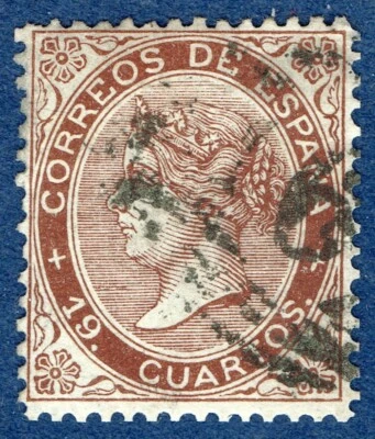 [mag342] ESPANHA 1868 Scott#102 Yvert#82 usado cv: $525 "19 CUARTOS" - Imagem 1 de 2
