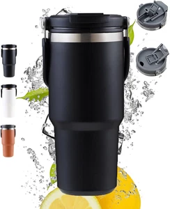 30Oz Black Tumbler Mug with Lid and Straw Insulated Travel Mug with Handle Doubl - Picture 1 of 9