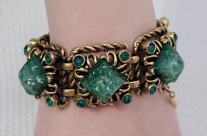 Vtg Chunky Wide 1950's Ornate Panel Green Celluloid Glitter Rhinestone Bracelet - Picture 1 of 22