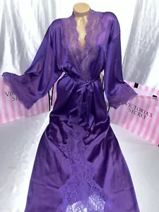 Victorias Secret Satin Robe Gown Full Length Eyelash Lace Beautiful Purple XS/S - Picture 1 of 5