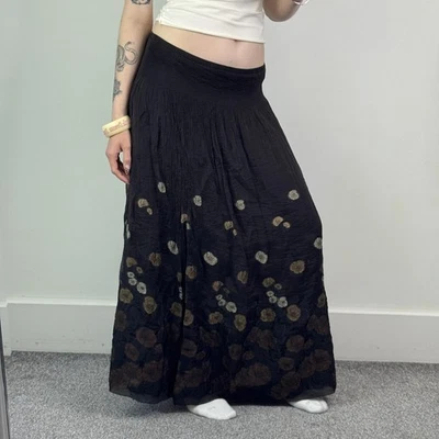 Y2K vintage stretchy maxi skirt floral sheer double overlay brown a line - Image 1 of 4