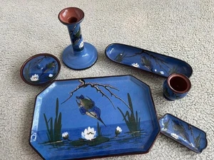Watcombe Pottery Torquay Dressing Table Set Diving Kingfisher Vintage - Picture 1 of 2