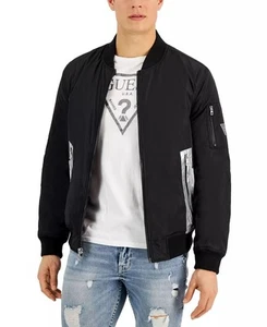 Guess Men's Bomber Jacket with Reflective Logo Detailing Black-Large - Picture 1 of 11