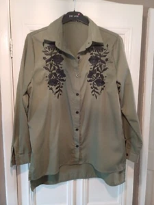 Women's QUIZ Army Green Embroidered Loose Fit Shirt Blouse Size 14 - Picture 1 of 6