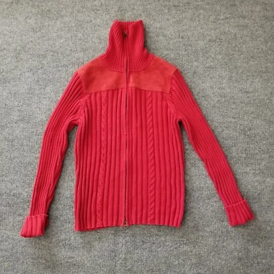 New Denim & Co. Women Sweater M Red 2 Way Full Zip Cotton Leather A24257 QVC* - Image 1 of 4