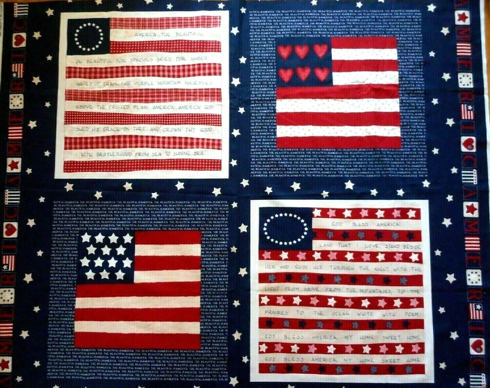 Patriotic Fabric Panel 4 Pillow Fronts or Hanging National Anthem Cotton Vtg - Image 1 of 1