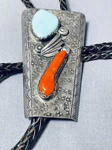 RARE ZUNI VINTAGE BLUE GEM TURQUOISE CORAL STERLING SILVER BOLO - Picture 1 of 7