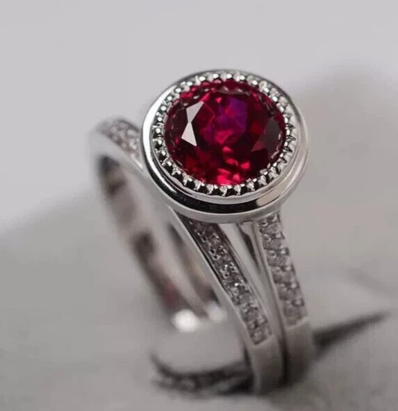 Women's Bridal Ring 3.80Ct Created Red Ruby Engagement Set 14K White Gold Finish - Image 1 of 4