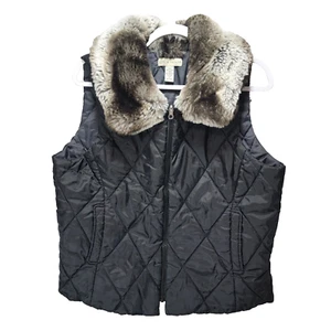 Lord and Taylor Puffer Vest Women L Faux Fur Collar Reversible Zipper Y2K Glam - Picture 1 of 16