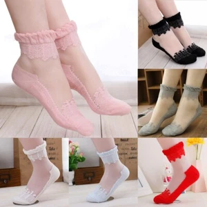 Ultra Thin Ankle Socks Women Floral Transparent Crystal Lace Elastic Sheer Soc У - Picture 1 of 26