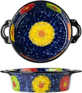 Vintage Style Pottery Bakeware Colorful Daisy Pattern Ceramic Casserole Dish - Picture 1 of 5