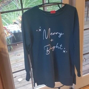 Ellen Tracy Holiday "Merry & Bright" Graphic Long Slv Dark Green Sz M Sweatshirt - Picture 1 of 10