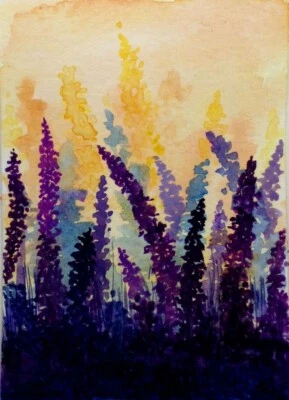 ACEO Оригинальная Картина Акварель Цветы Природа Пейзаж Лавандовое Поле Закат - Изображение 1 из 2