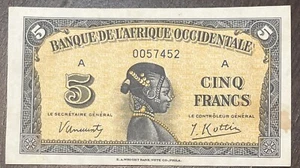 FRENCH WEST AFRICA 1942 5 Francs ALMOST UNC Banknote - Picture 1 of 2