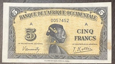 FRENCH WEST AFRICA 1942 5 Francs ALMOST UNC Banknote - Image 1 of 2