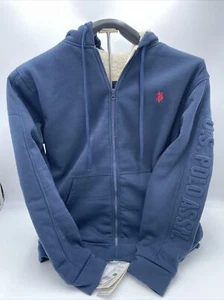 U.S. Polo Assn Dark blueFull Zip Up Fleece Mens L Hoodie Red Logo Pockets Casual - Picture 1 of 3