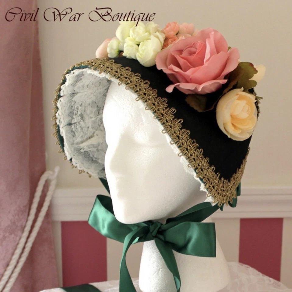 Sombrero victoriano de tafetán verde victoriano de la Guerra Civil de 1800 rosas cinta de encaje reproducti Foto 1 de 3