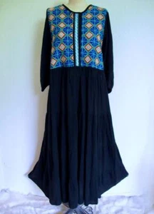 Vintage Arte Huichol Hand Embroidered Dress S Crinkle Gauze Tiered Ruffle Artsy - Picture 1 of 16