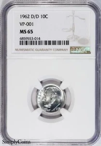 1962-D/D VP-001 RPM Roosevelt Dime NGC MS65 ~ POP 1 OF 4! Silver Coin US - Picture 1 of 2