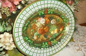 Daher dekoriertes Geschirr Oval Metalltablett Stillleben Obst Blumenmuster Grün Gold Lithographie - Bild 1 von 5