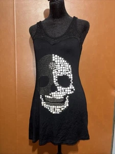 New VOCAL Womens CRYSTAL STUDDED BLACK WHITE LACE TUNIC TANK TOP S Small - Picture 1 of 12